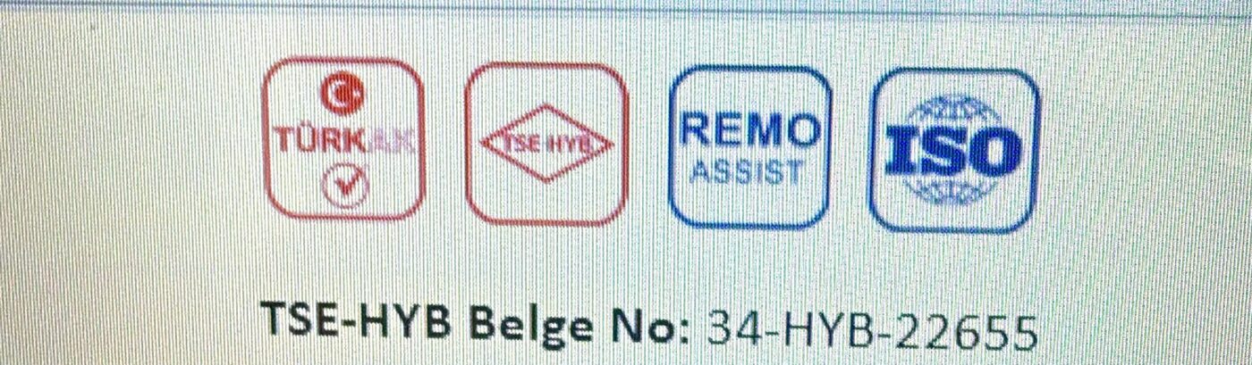 Asoto Ekspertiz Ödemiş belgeleri: TÜRKAK, TSE-HYB, REMO Assist, ISO — TSE-HYB Belge No 34-HYB-22655
